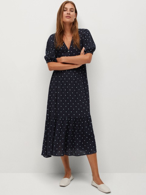 

MANGO Women Navy Blue& Off-White Self-Design Maxi Dress