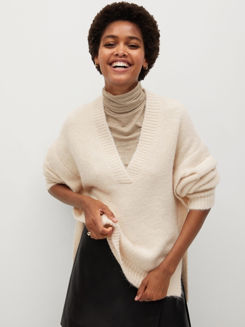 

MANGO Women Cream-Coloured Solid Pullover Sweater