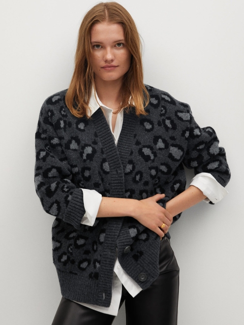 

MANGO Women Charcoal Grey & Black Animal Patterned Cardigan
