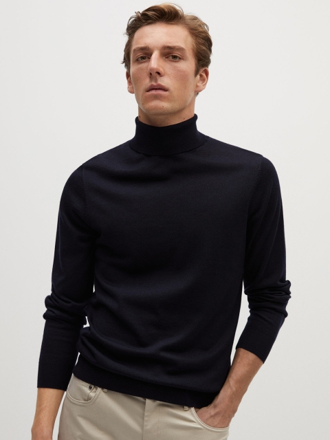 

MANGO MAN Navy Blue Woollen Solid Turtle Neck Pullover