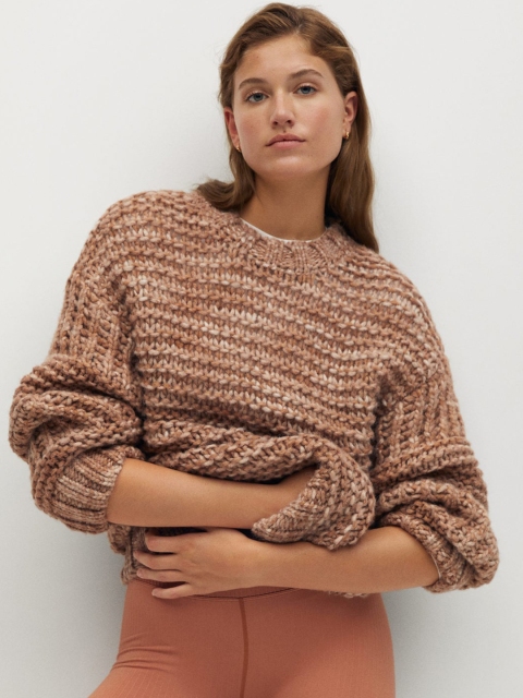 

MANGO Women Brown Self Design Pullover Sweater