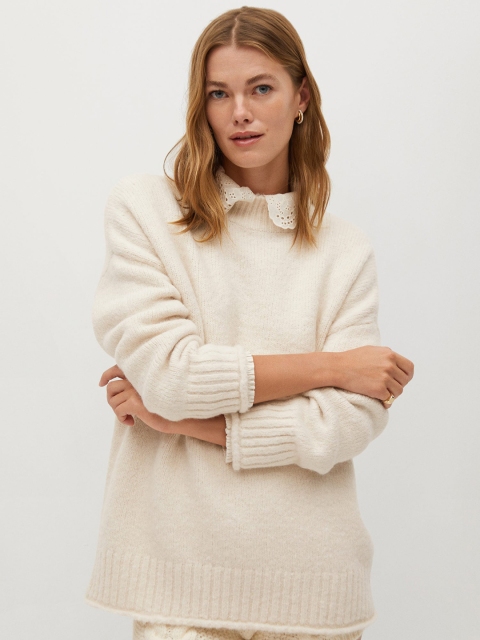 

MANGO Women Acrylic Off-White Solid Pullover