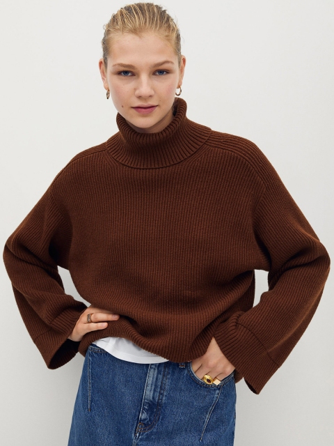 

MANGO Women Coffee Brown Ribbed High Neck Pullover