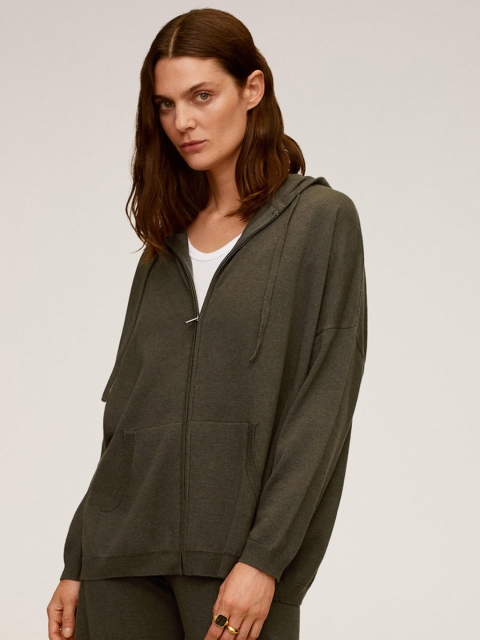 

MANGO Women Olive Green Sustainable Solid Hooded Cardigan
