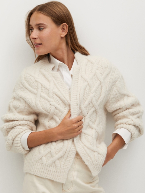 

MANGO Women Acrylic Off-White Self Design Cable Knit Front-Open Sweater