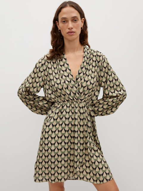 

MANGO Women Cream-Coloured & Green Printed Wrap Dress