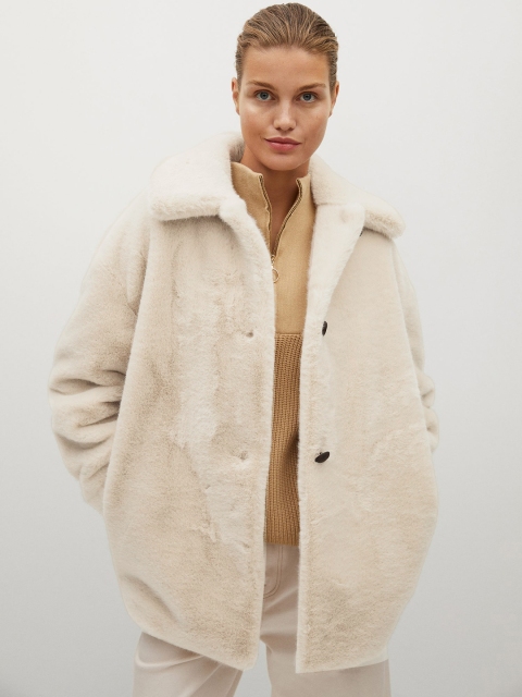 

MANGO Women Beige Solid Faux Fur Coat