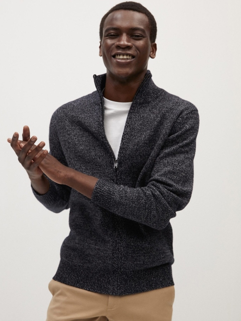 

MANGO MAN Men Charcoal Grey Solid Front-Open Sweater