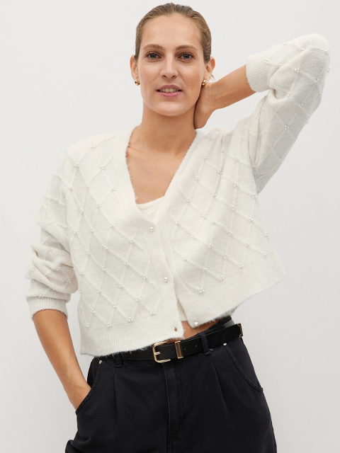 

MANGO Women Off-White Self-Design Cropped Cardigan