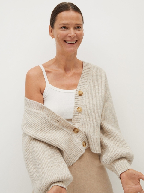 

MANGO Women Acrylic Off-White Ribbed Cardigan Sweater