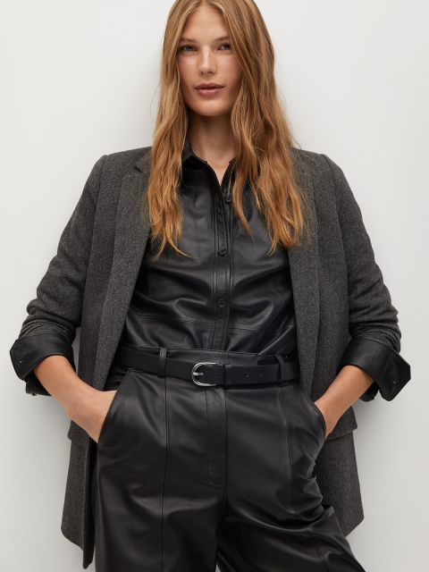 

MANGO Women Black & Grey Self-Design Single-Breasted Blazer