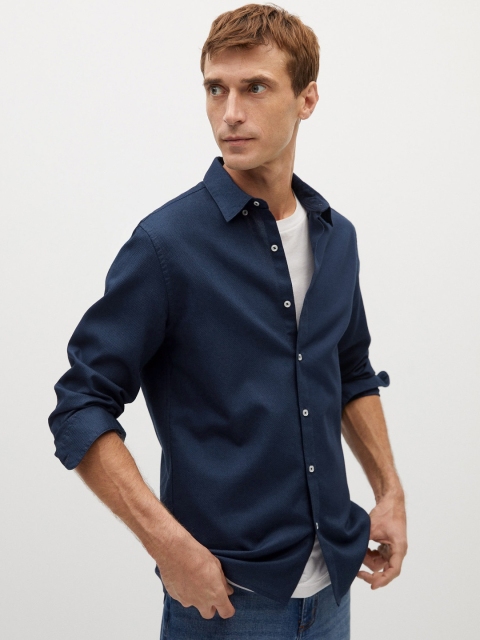 

MANGO MAN Navy Blue Textured Slim Fit Casual Shirt