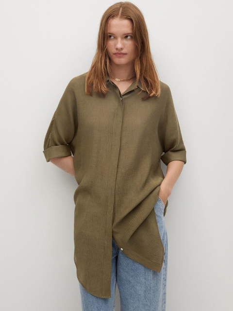 

MANGO Women Olive Green Regular Fit Solid Longline Casual Shirt