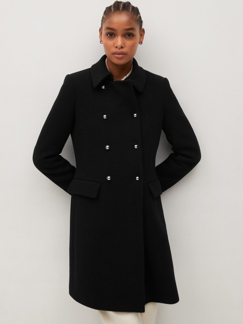 

MANGO Women Black Solid Double-Breasted Overcoat