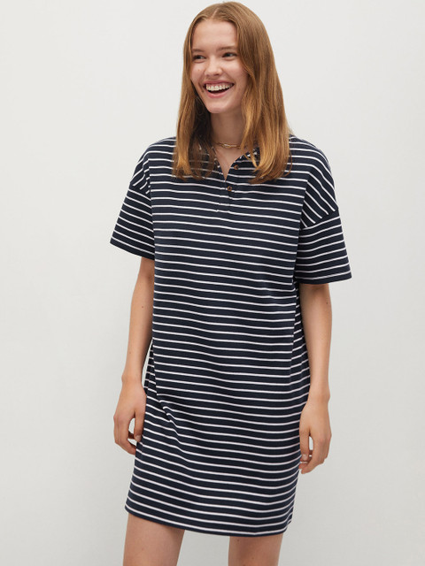 

MANGO Women Navy Blue & White Striped T-shirt Dress