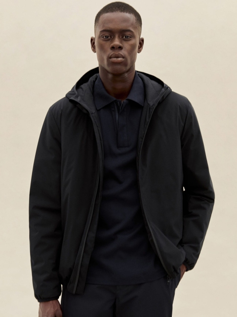 

MANGO MAN Black Solid Windcheater & Water Resistant Hooded Padded Jacket