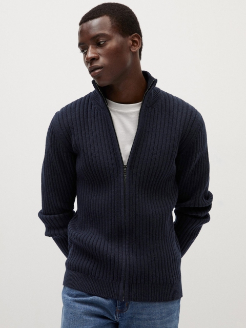 

MANGO MAN Men Navy Blue Self-Striped Cardigan