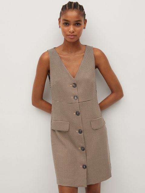 

MANGO Women Beige & Black Sustainable Houndstooth Patterned A-Line Dress