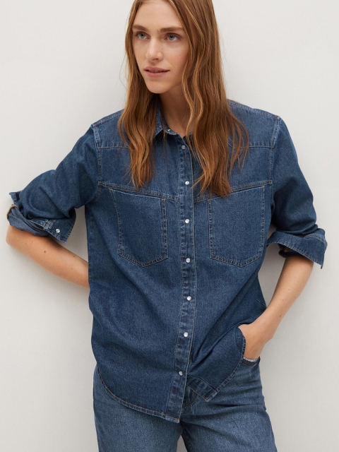 

MANGO Women Navy Blue Regular Fit Faded Denim Casual Shirt