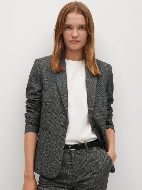 

MANGO Women Black & Grey Micro Houndstooth Pattern Regular Fit Casual Blazer