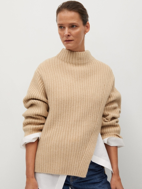 

MANGO Women Beige Self Striped Side Slit Pullover Sweater