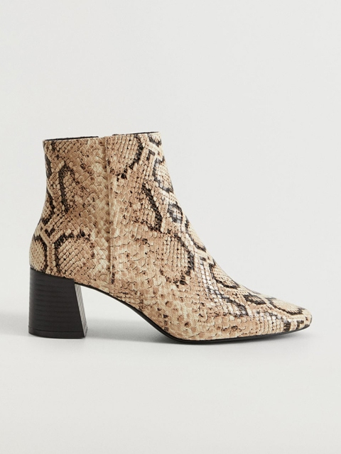 

MANGO Women Beige & Coffee Brown Snakeskin Textured Mid-Top Heeled Boots