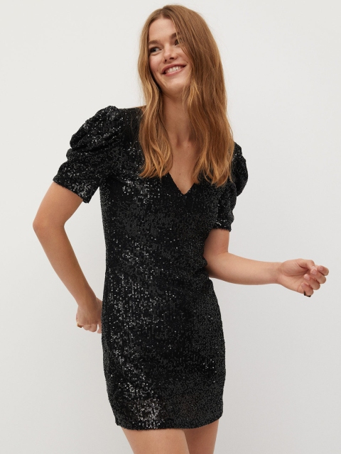 

MANGO Women Black Sequinned Stripe Sheath Dress