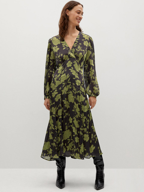 

MANGO Women Black & Olive Green Floral Print Wrap Maxi Dress