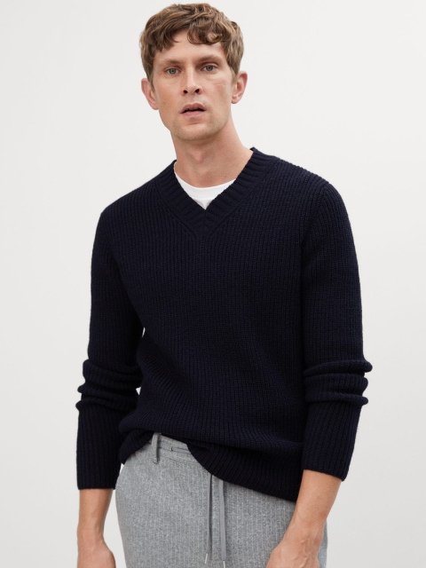 

MANGO MAN Navy Blue Ribbed Pullover Sweater
