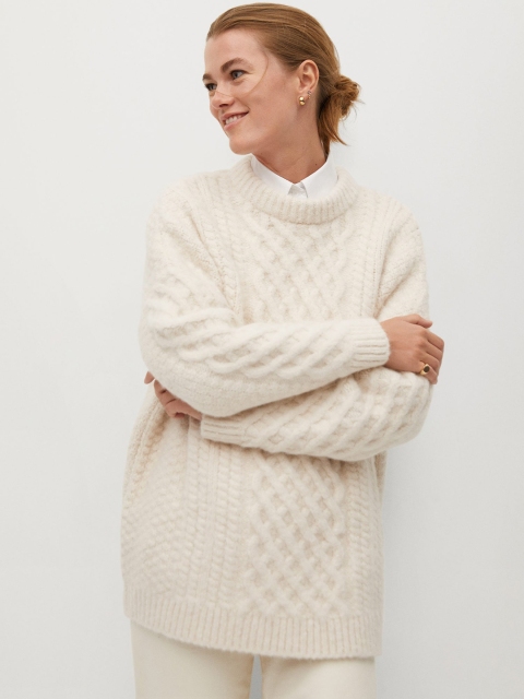

MANGO Women Acrylic Off-White Self Design Cable Knit Pullover Sweater
