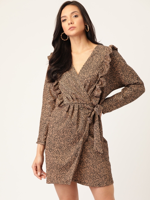

MANGO Women Beige & Black Animal Print Ruffle Wrap Dress