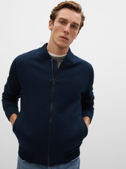 

MANGO MAN Navy Blue Solid Pullover Sweater