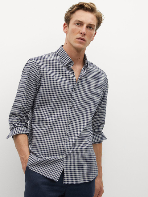 

MANGO MAN Navy Blue & White Checked Slim Fit Casual Shirt