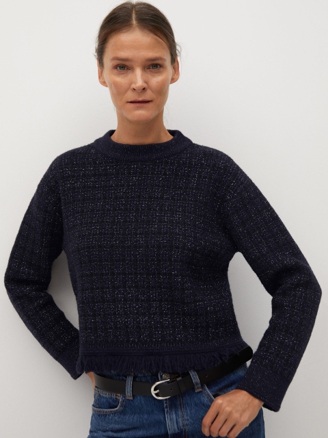 

MANGO Women Navy Blue Self Design Pullover Sweater