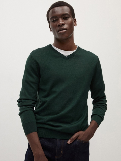 

MANGO MAN Dark Green Woollen Solid Pullover