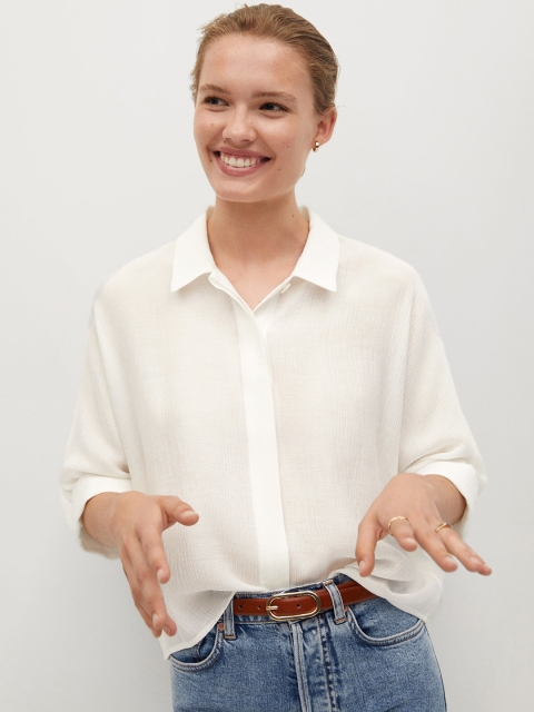 

MANGO Women Off-White Solid Regular Fit Casual Shirt