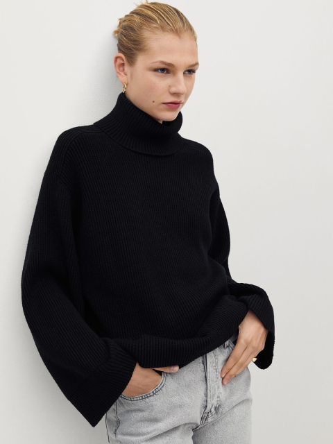 

MANGO Women Black Ribbed Turtle Neck Pullover