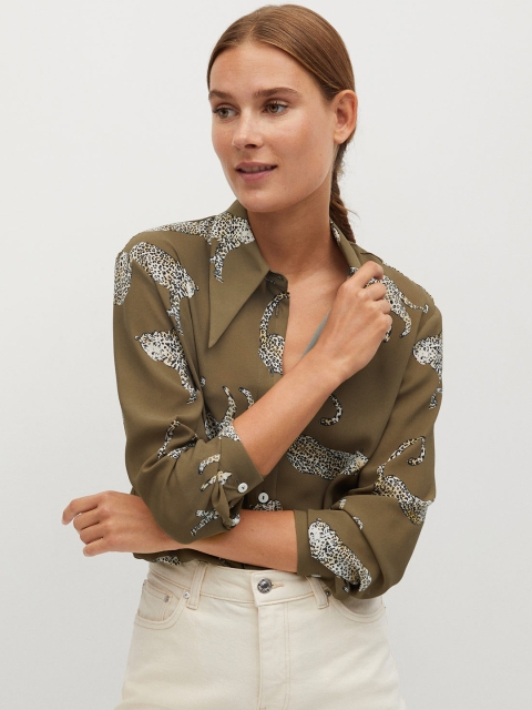 

MANGO Women Olive Green & Off-White Regular Fit Tiger Print Casual Shirt