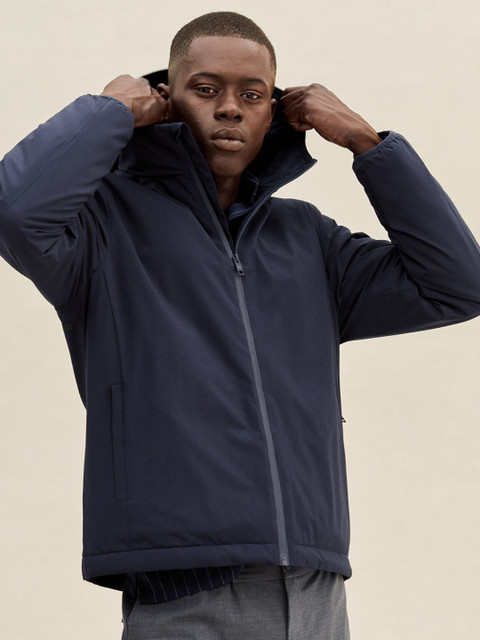 

MANGO MAN Navy Blue Solid Windcheater & Water Resistant Hooded Padded Jacket