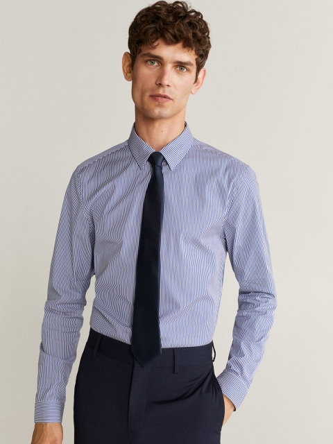 

MANGO MAN Men Blue & White Easy Iron Super Slim Fit Striped Formal Shirt