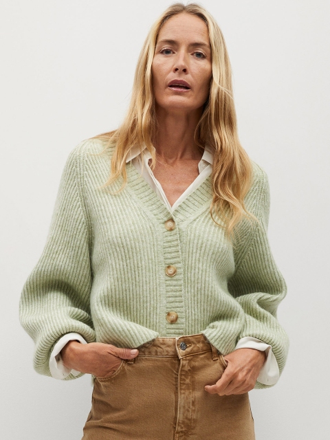 

MANGO Women Green Sustainable Ribbed Cardigan Sweater