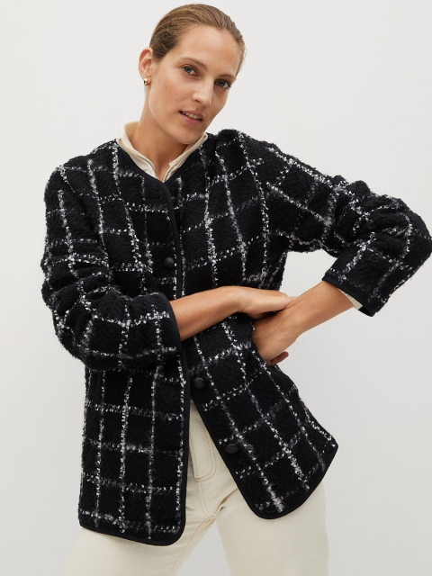 

MANGO Women Black & White Checked Tweed Knit Tailored Jacket