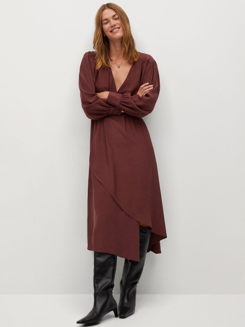 

MANGO Women Burgundy Solid Layered Wrap Dress