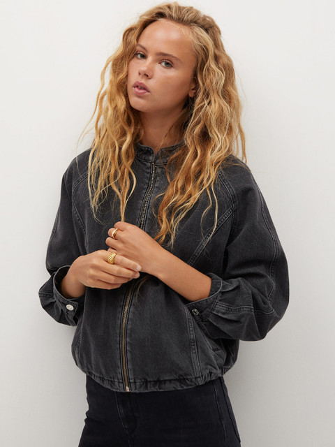 

MANGO Women Charcoal Grey Solid Washed Sustainable Denim Jacket