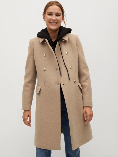 

MANGO Women Beige Solid Double-Breasted Coat