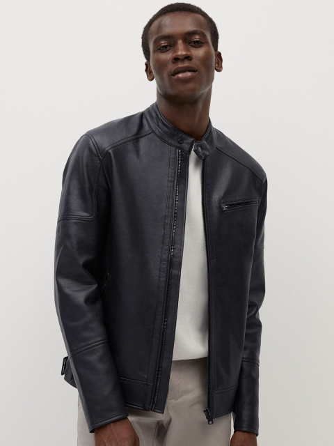 

MANGO MAN Black Solid Biker Jacket