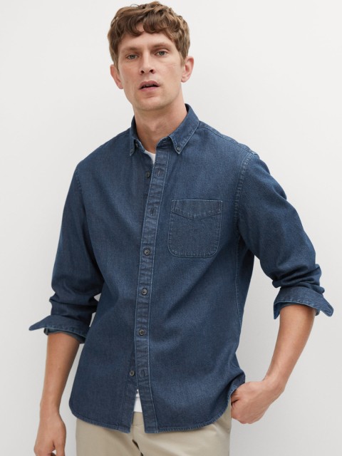 

MANGO MAN Navy Blue Solid Regular Fit Sustainable Denim Casual Shirt