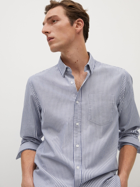 

MANGO MAN Blue & White Sustainable Cotton Slim Fit Striped Casual Shirt