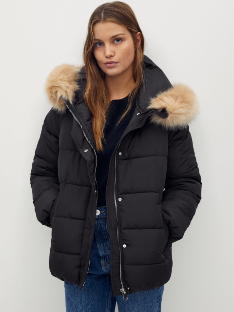 

MANGO Women Black Solid Hooded Parka Jacket