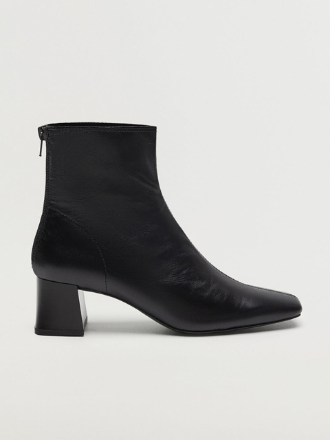 

MANGO Women Black Leather Solid Mid-Top Heeled Boots